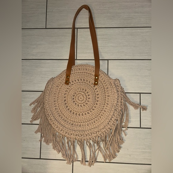 Handbags - Beige Crochet Fringe Round Bag